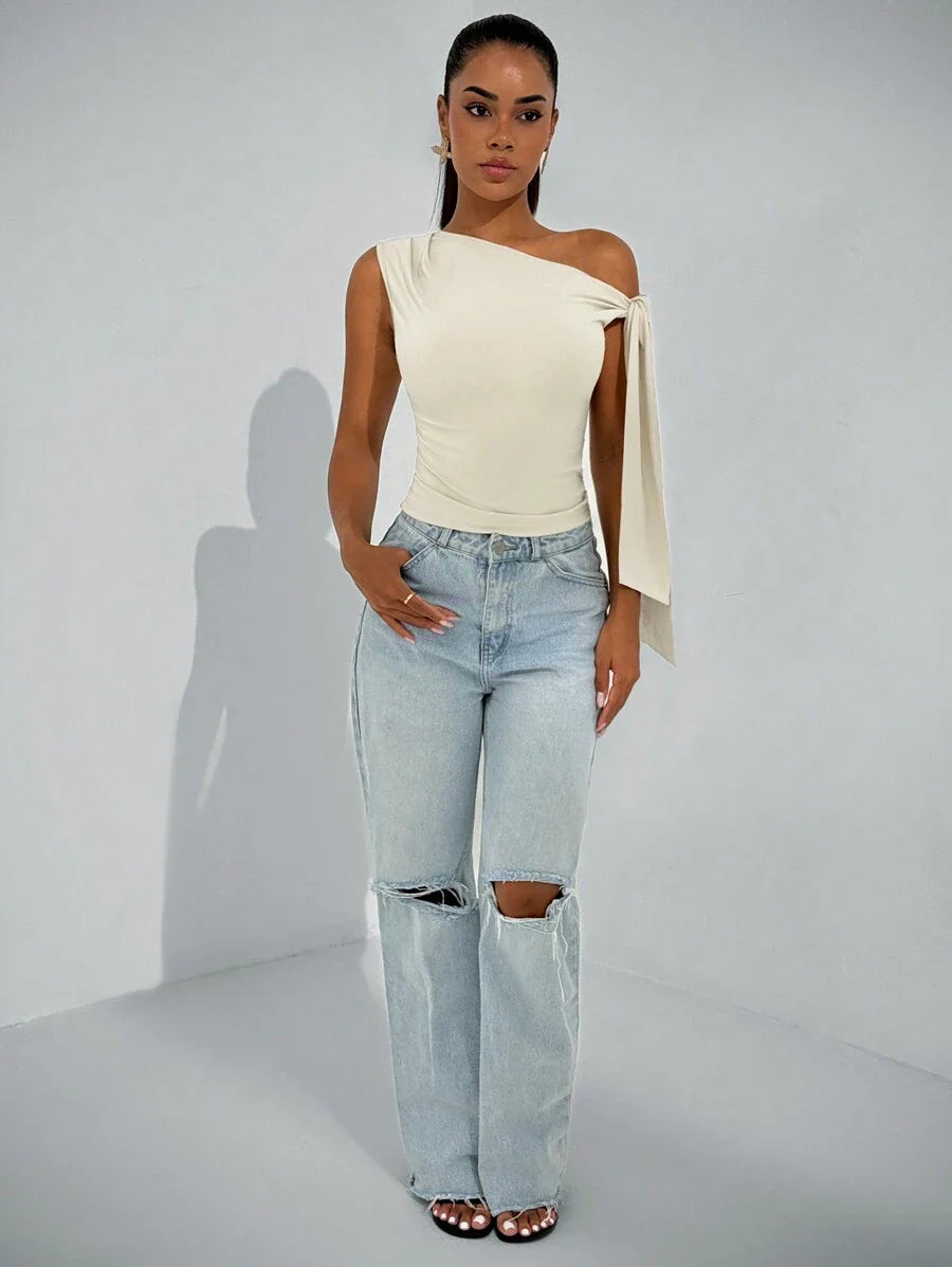 Asymmetric Tie Shoulder Blouse